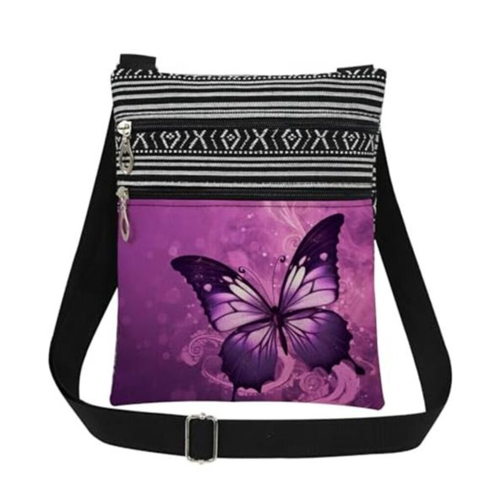 Purple Butterfly Floral Print Women Crossbody Bag Outdoor Travel Daily Use Bag
